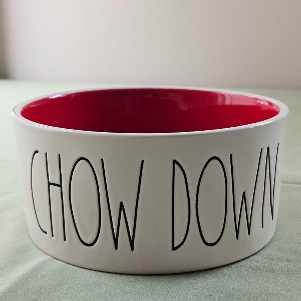 6" Rae Dunn Chow Down Pet Bowl Dish White/Cream & Red‎ Color Medium Size